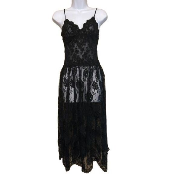 VTG Hanky Panky  Black Floral Lace Nightgown Sheer Slip Dress Size Small Witchy - Picture 1 of 8